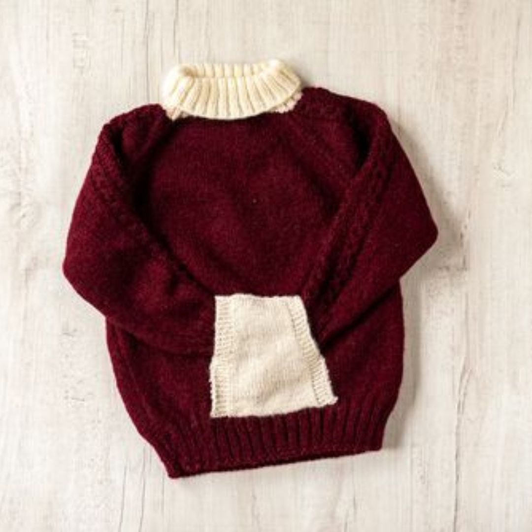 Maroon Woollen Hand Knitted  With White Pockets Infant Pullover