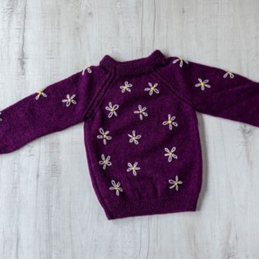 Wine Floral Embroidery  Woollen Handknitted Pullover For Infants.