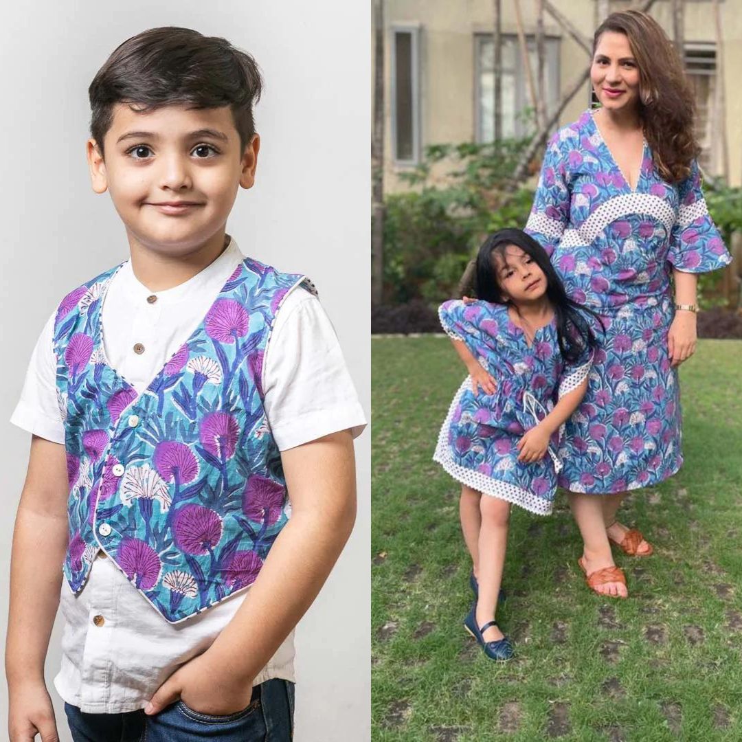 Mom, Son & Daughter Blue Floral Cotton Hand Block Printed Twinning Set Trio