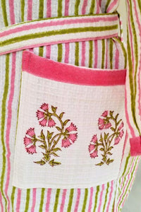 Thumbnail for Pink Strip Premium Cotton Hand Block Printed Bathrobe