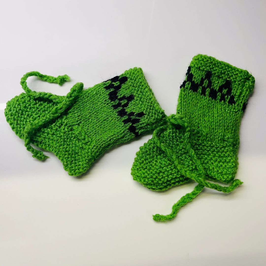 Green With Black Design Woollen Hand Knitted Three Piece infant set