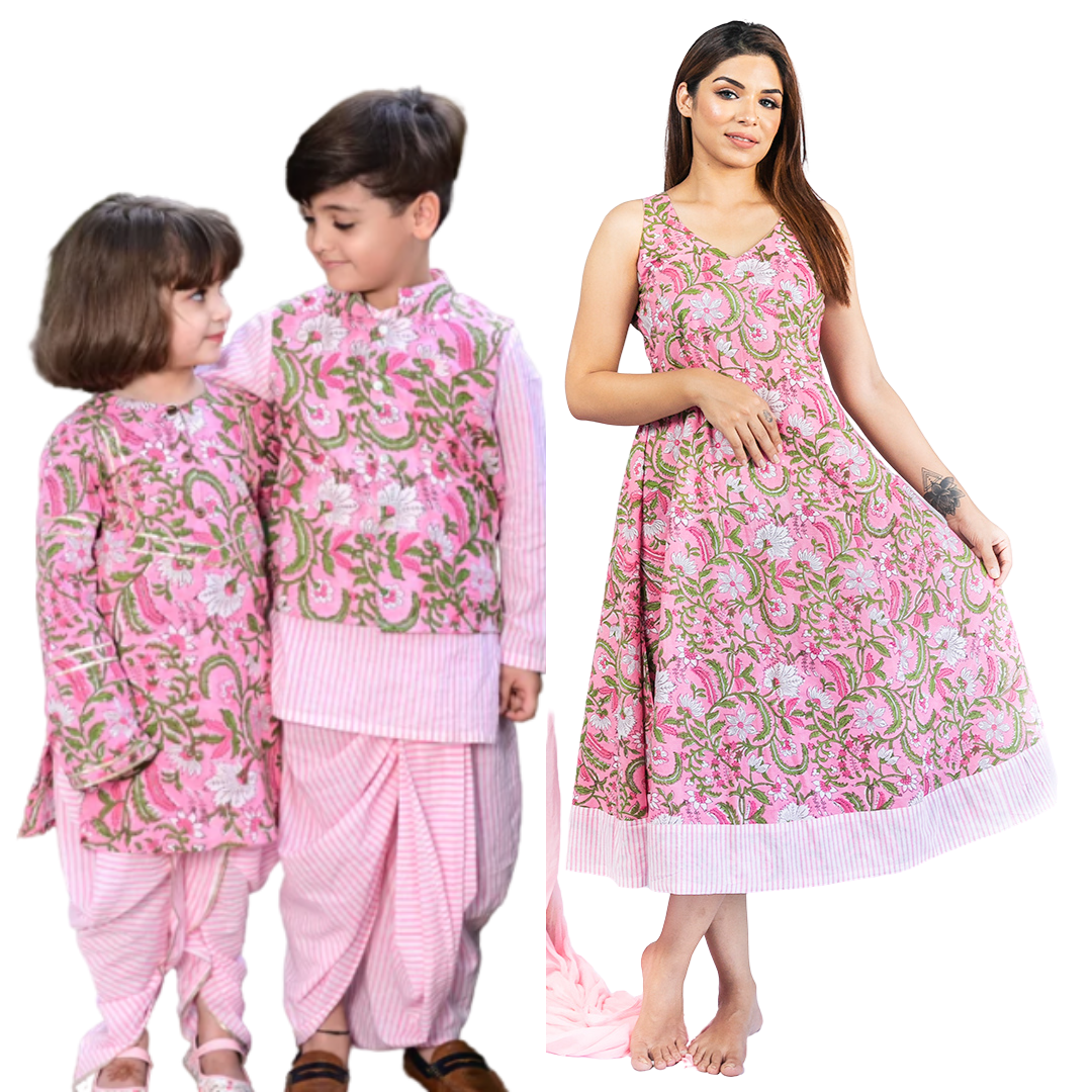 Mom, Son & Daughter Pink Floral Cotton Hand Block Printed Twinning Set Trio