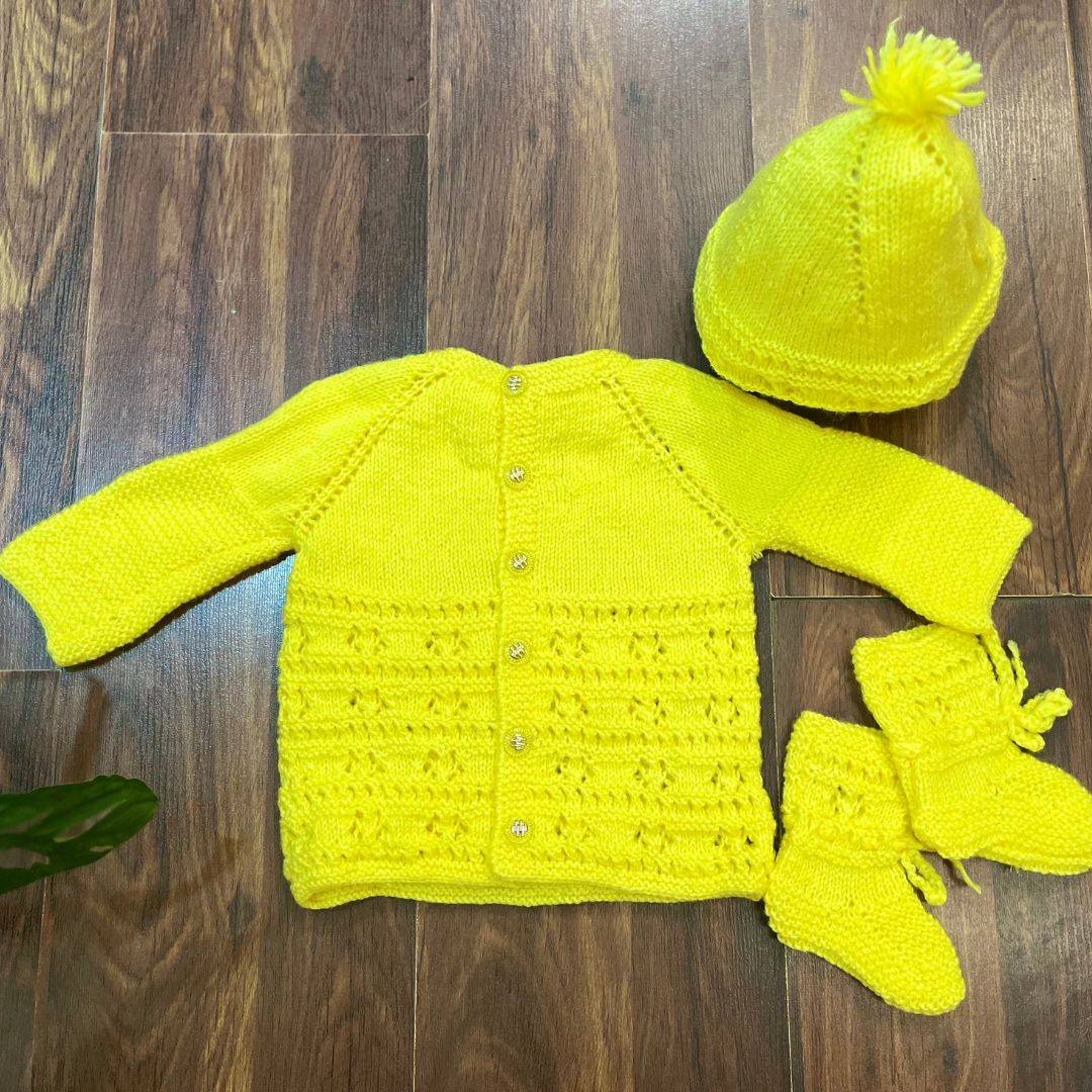 Bright Yellow hand-knitted three piece soft woollen infant set