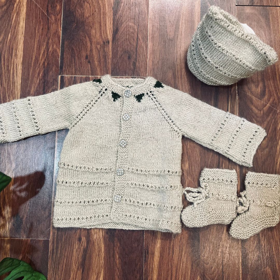Fawn hand-knitted three piece soft woollen infant set