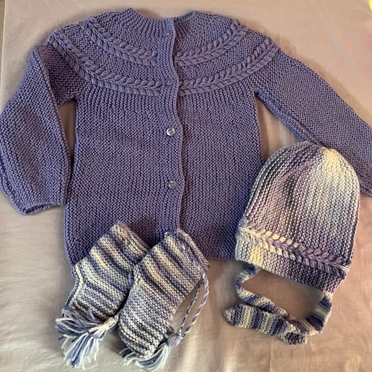 Mauve And White Woollen Hand Knitted Three Piece infant  Set