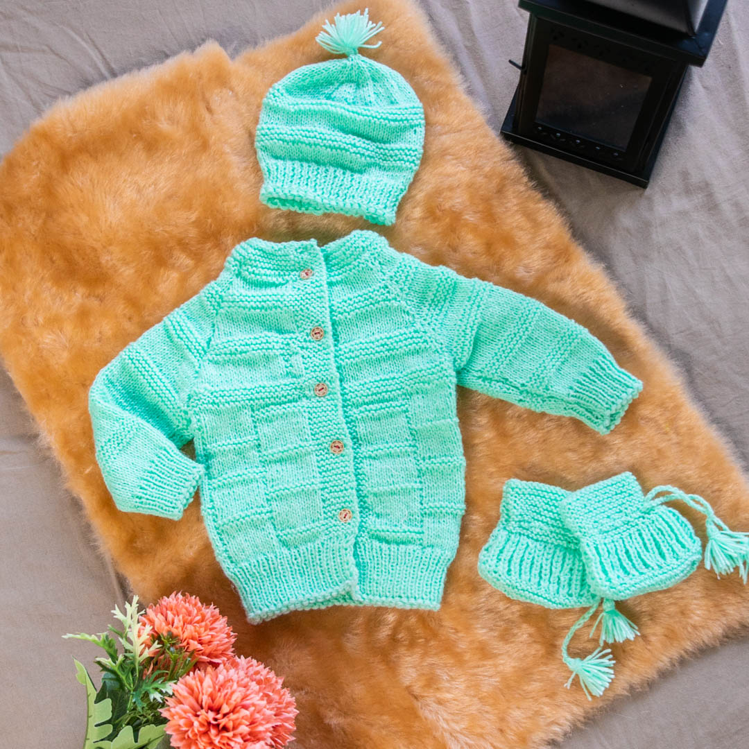 Mint Green Hand-Knitted Three Piece Soft  Woollen Infant set