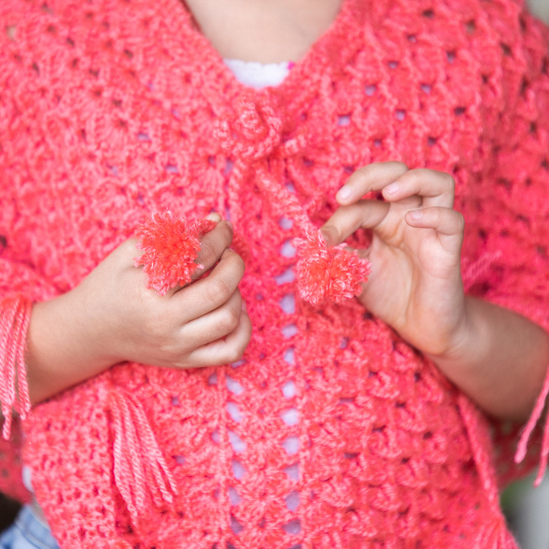 Infant's dark Peach Hand-Knitted Woollen Poncho For Girl's