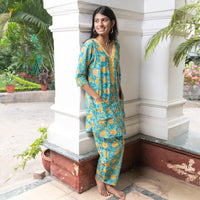 Thumbnail for Blue Floral Hand Block Printed Night Suit  - thesaffronsaga