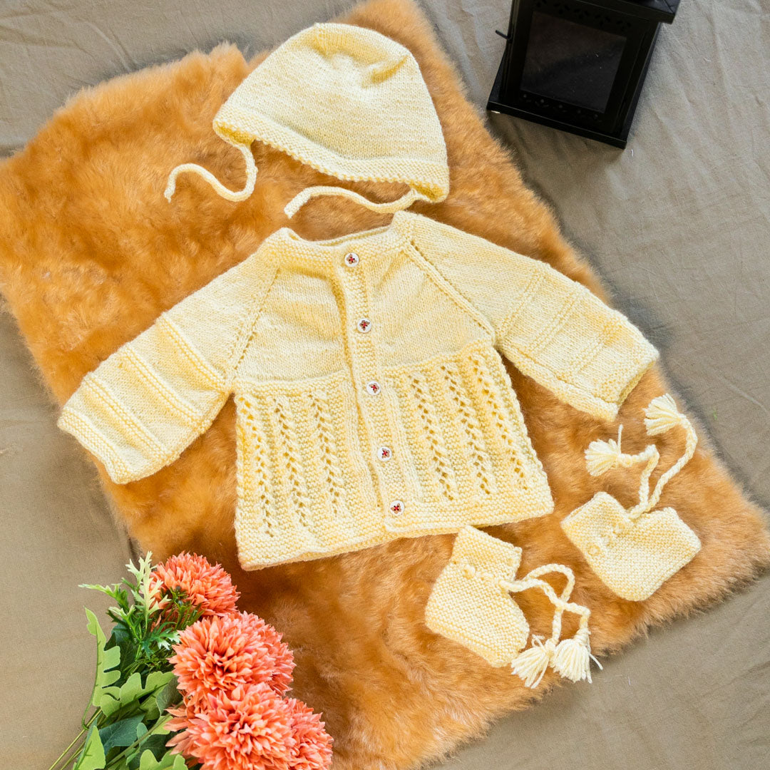 Cookie cream  Woollen Hand Knitted Three Piece infant set