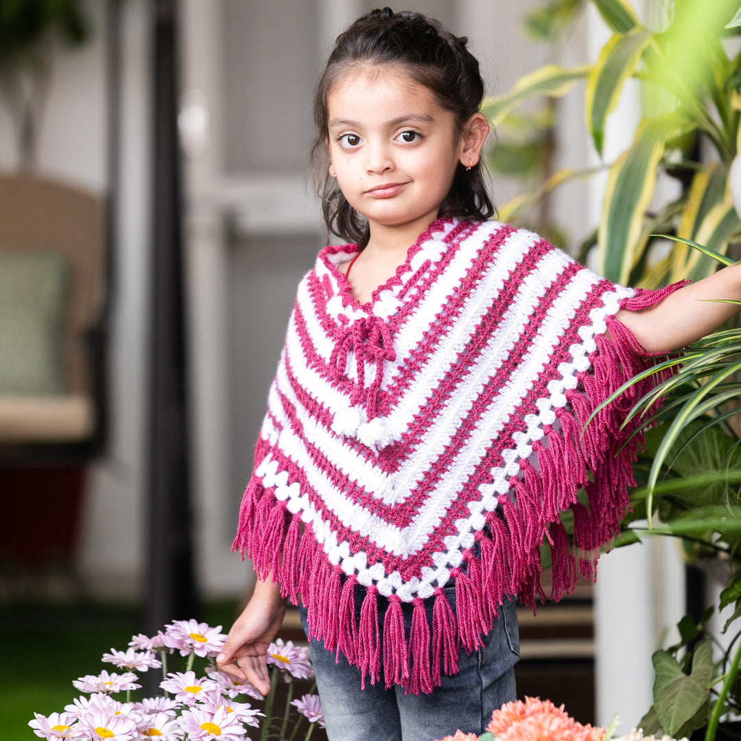 Burgundy & White Hand-Knitted Soft Woollen Poncho For Girls