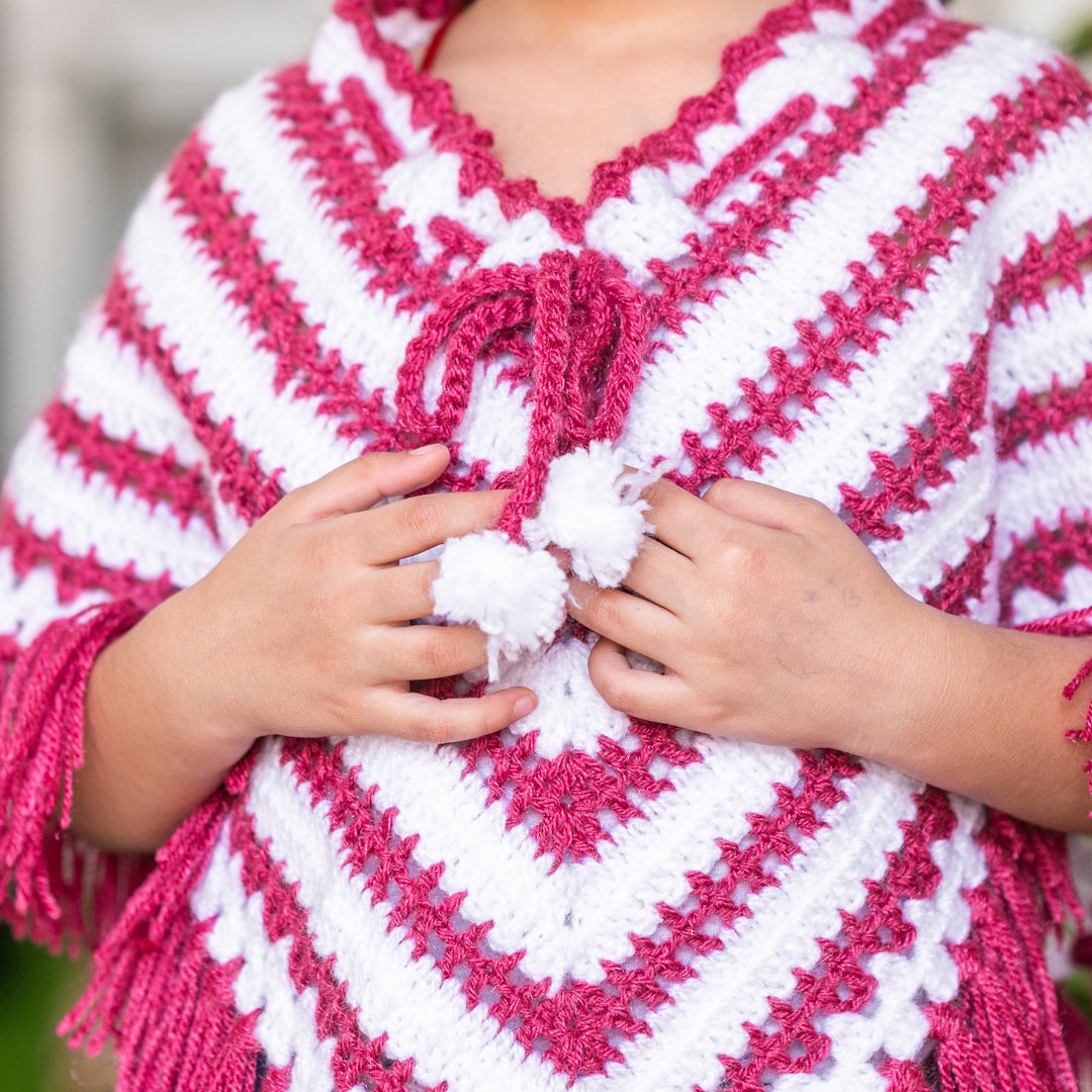 Burgundy & White Hand-Knitted Soft Woollen Poncho For Girls