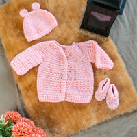 Thumbnail for Peach pink hand-knitted soft wollen infant set