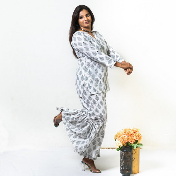 White And Black Two Piece Cotton Block Print Top And Sharara  Monochrome Co-Ord Set For Women