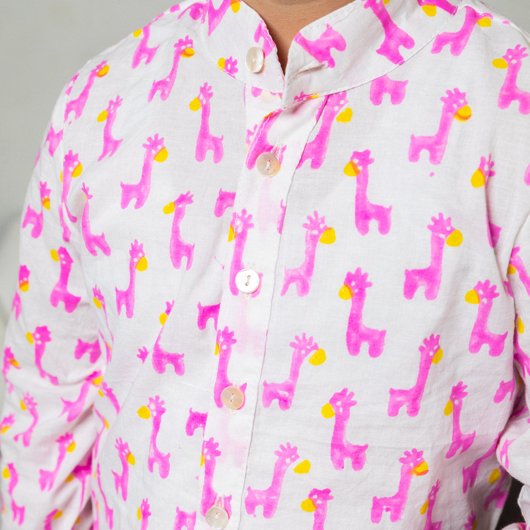 Pink Cotton Animal Block Print Shirt For Boys