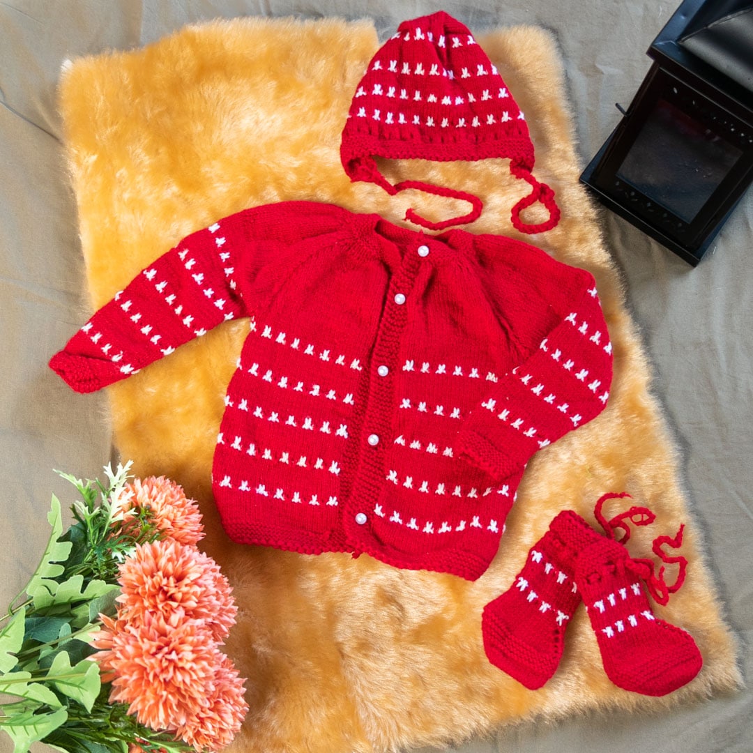 Red hand-knitted Three Piece soft woollen infant set
