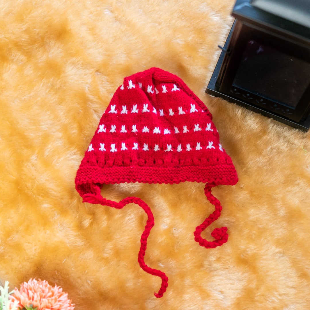 Red hand-knitted Three Piece soft woollen infant set