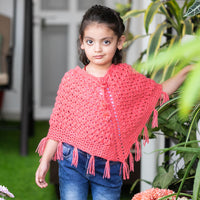 Thumbnail for Dark Peach Hand-Knitted Soft Woollen Poncho For Girl's