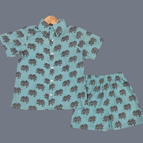 Powder Blue Ele Print Shirt Shorts Boy’s Co-ord Set