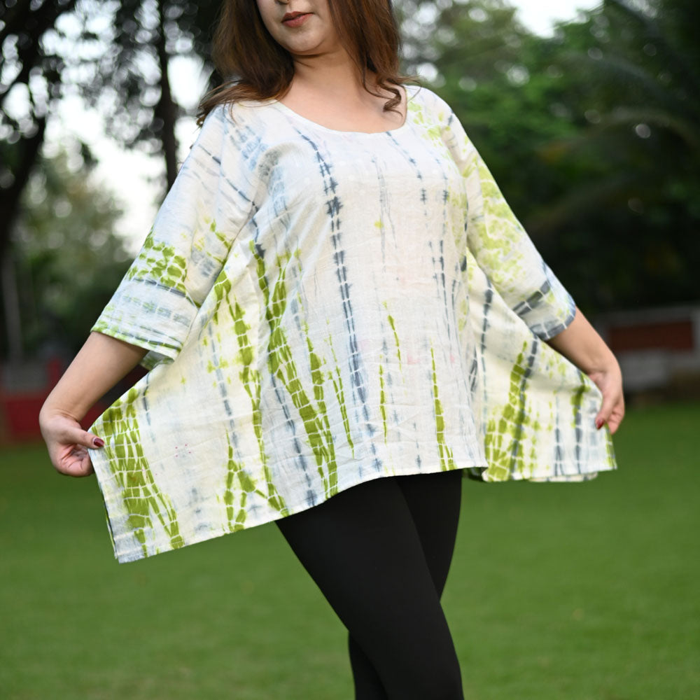 Green Cotton  Shibori Kaftan Top for Women