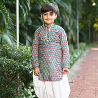 Thumbnail for Teal Floral Cotton Block Print Traditional Kurta Dhoti Set For Boys