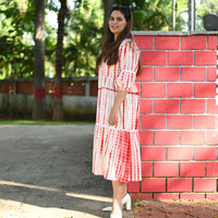 Thumbnail for Red & White Cotton Shibori, Tiered Dress for Women